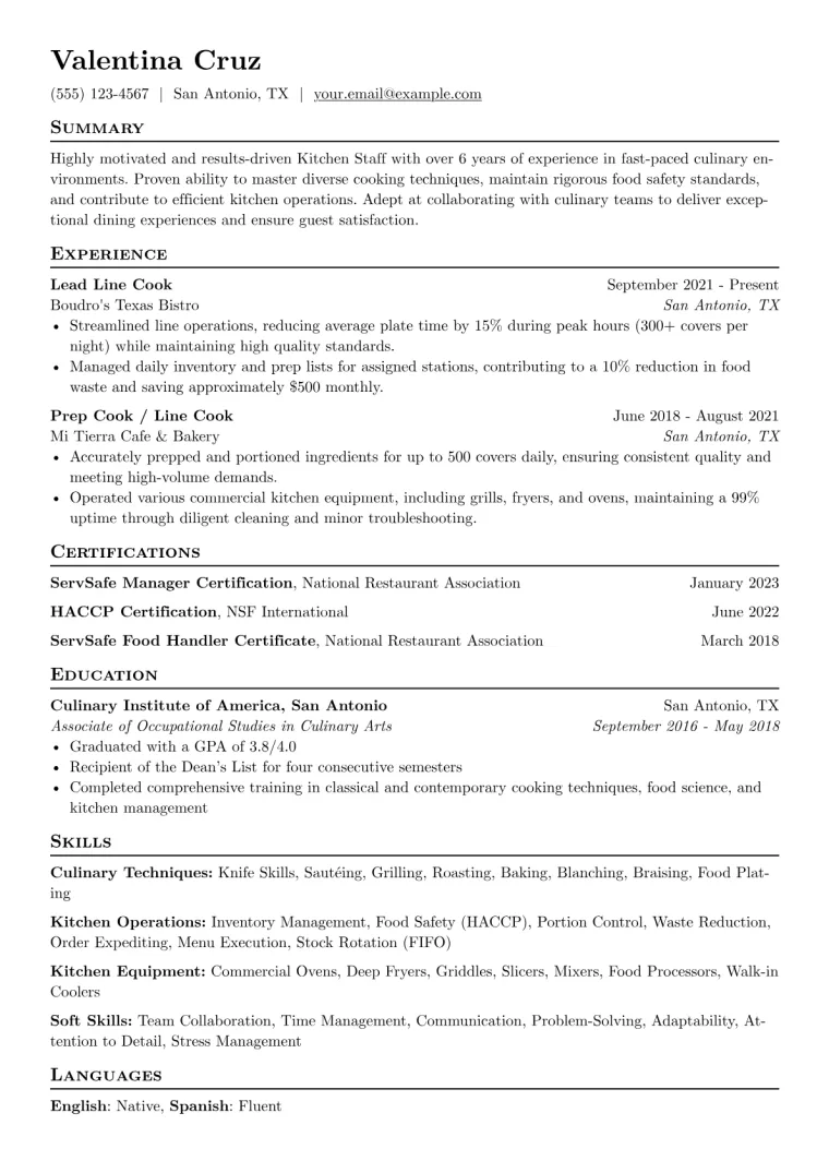 Kitchen Staff Resume Example CV template preview