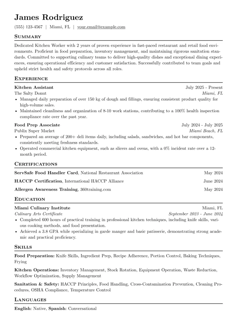 Kitchen Worker Resume Example CV template preview