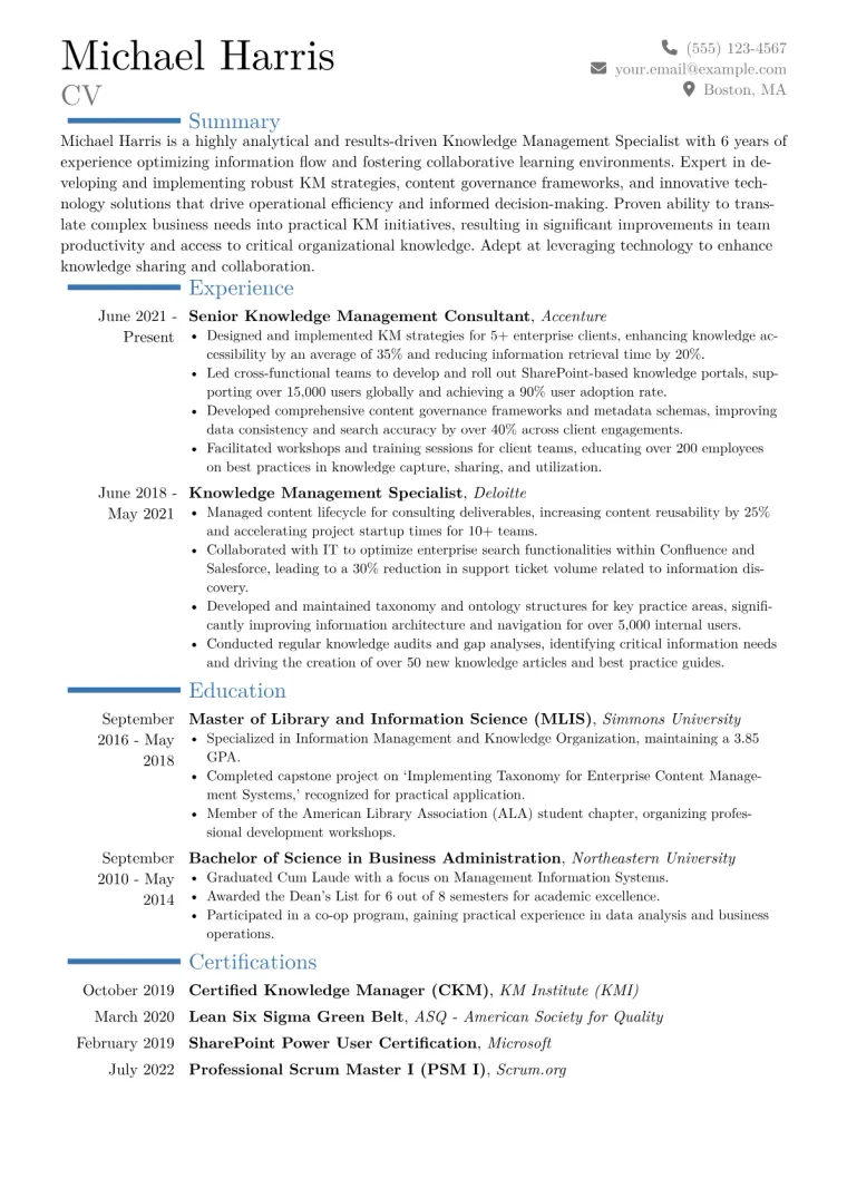 Knowledge Management Specialist Resume Example CV template preview