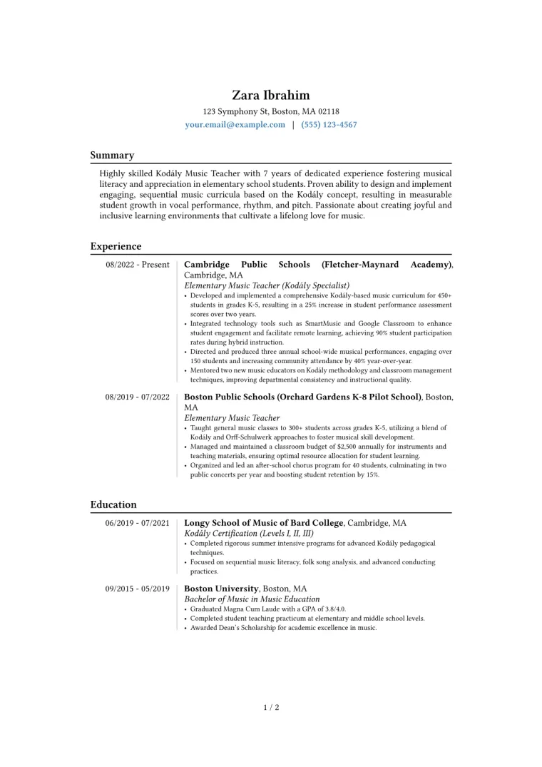 Kodaly Music Teacher Resume Example CV template preview