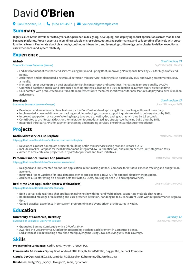 Kotlin Developer Resume Example CV template preview