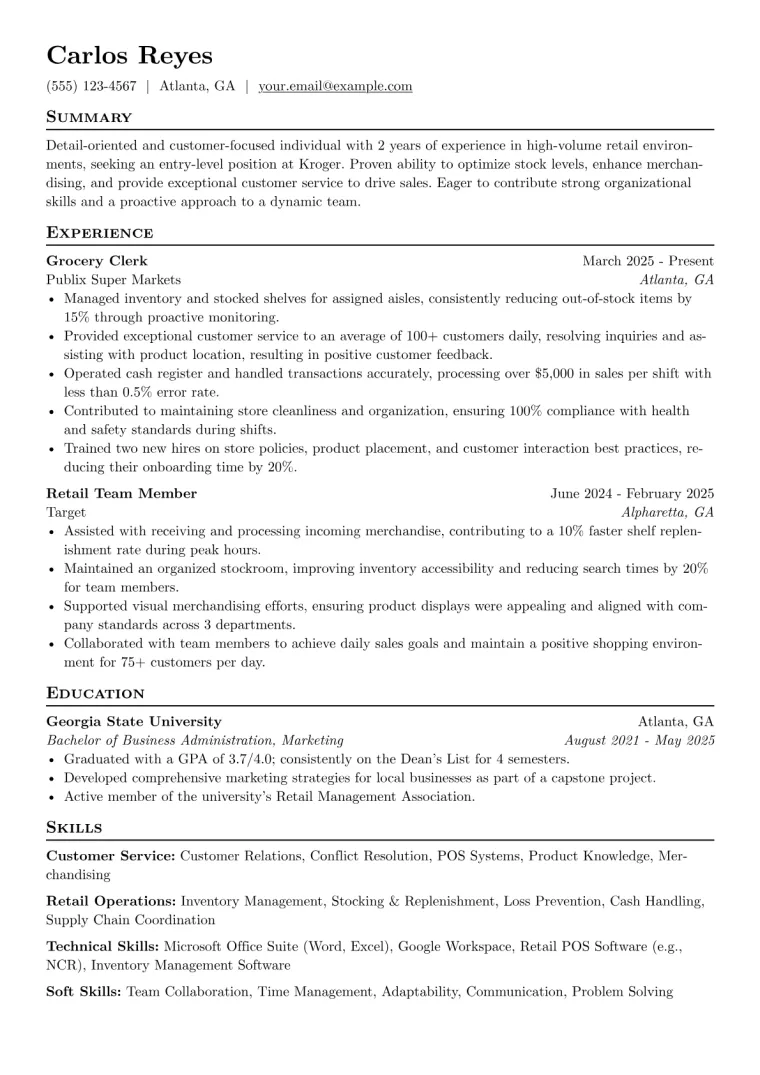 Kroger Resume Example CV template preview