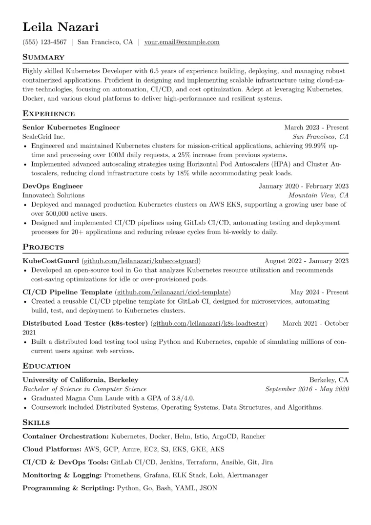 Kubernetes Developer Resume Example CV template preview