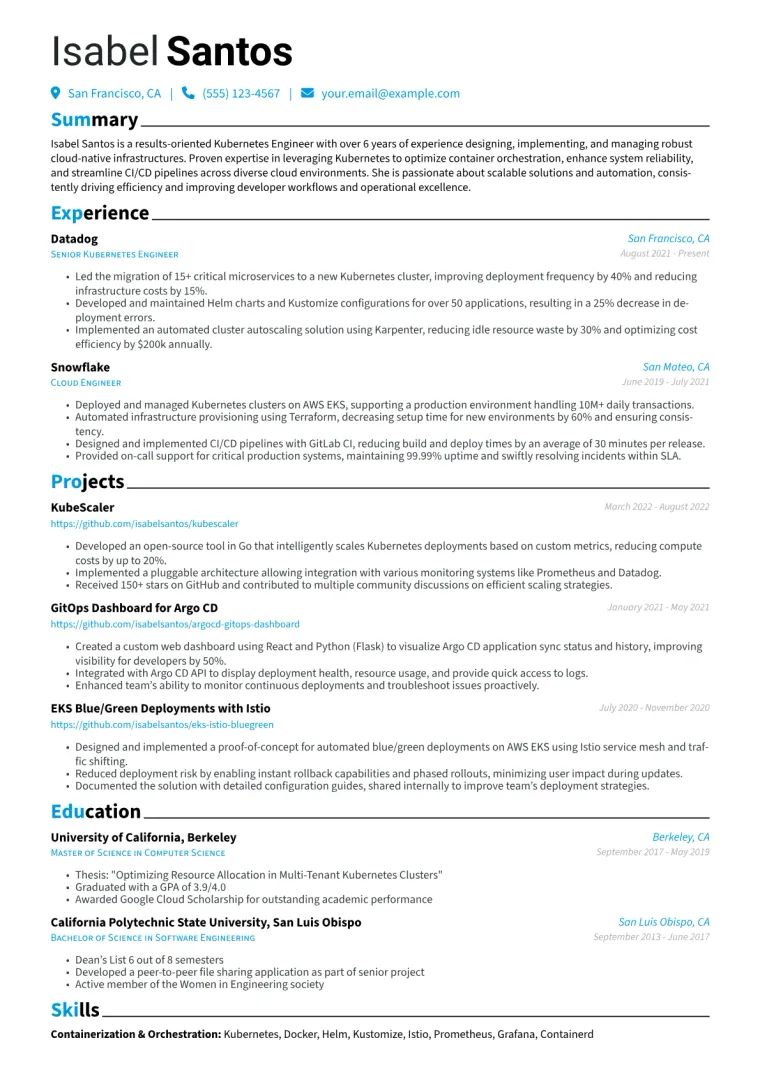 Kubernetes Engineer Resume Example CV template preview