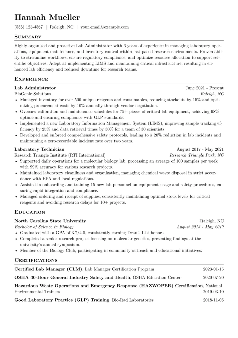 Lab Administrator Resume Example CV template preview