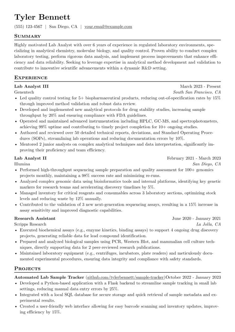Lab Analyst Resume Example preview