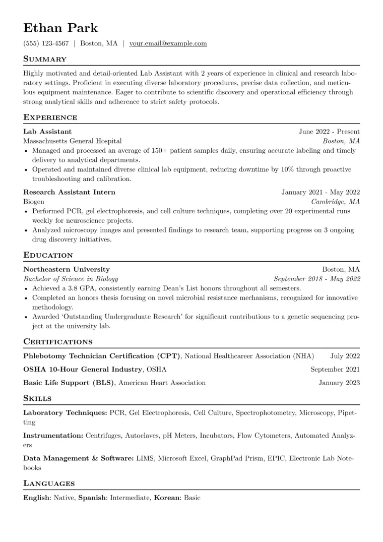 Lab Assistant Resume Example CV template preview