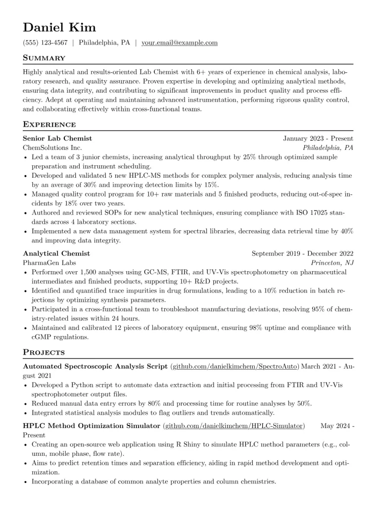 Lab Chemist Resume Example CV template preview