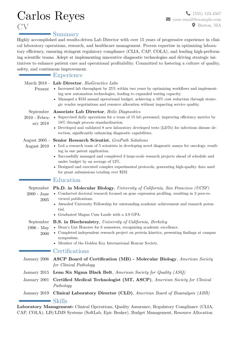 Lab Director Resume Example CV template preview