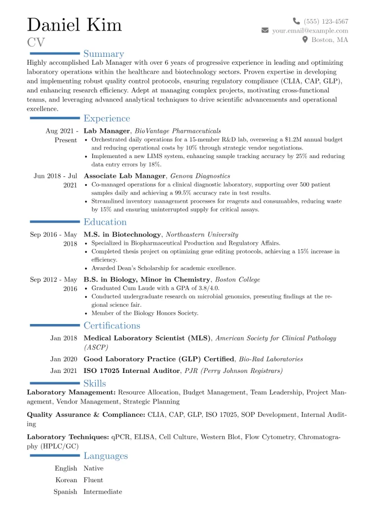 Lab Manager Resume Example CV template preview