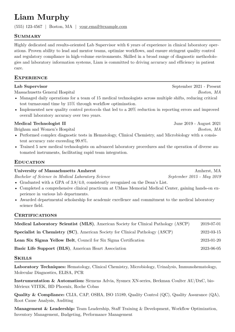 Lab Supervisor Resume Example CV template preview