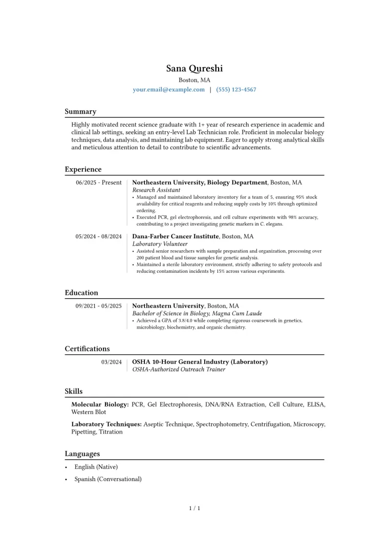 Lab Technician (No Experience) Resume Example preview