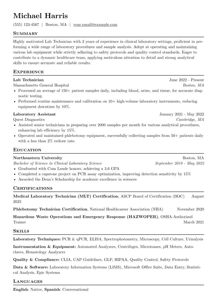 Lab Technician Resume Example CV template preview
