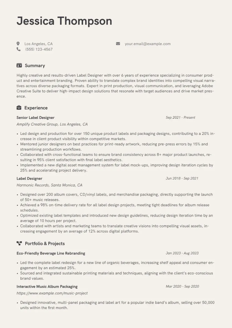 Label Designer Resume Example CV template preview