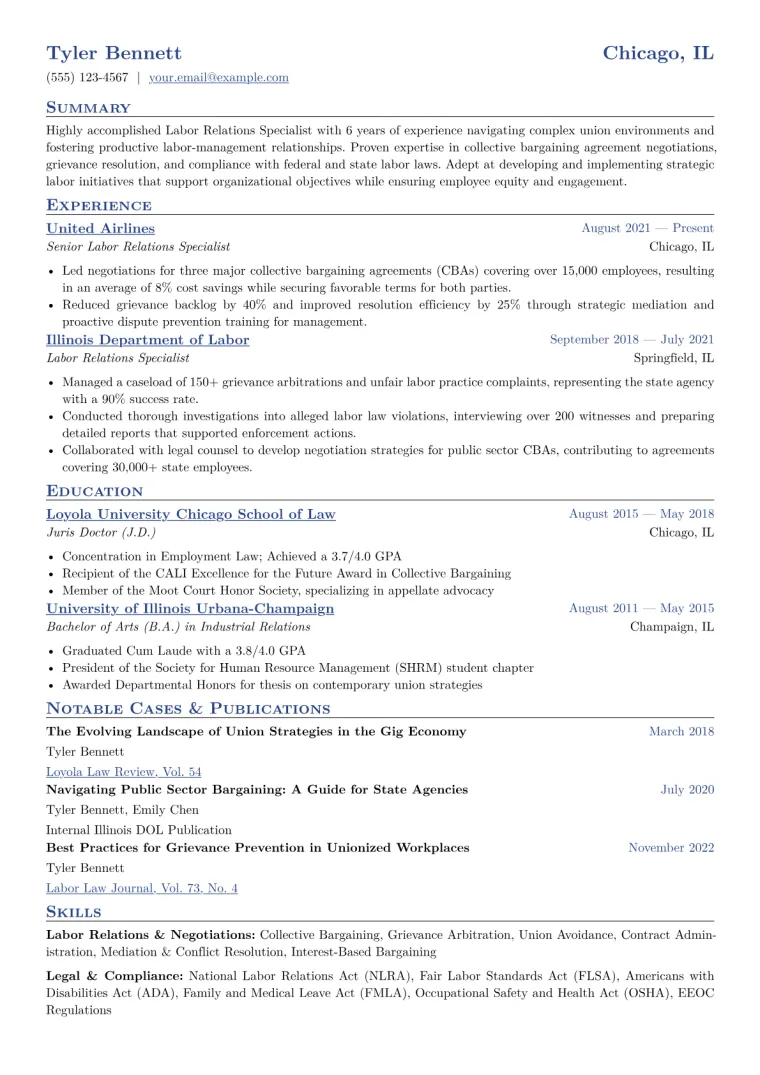Labor Relations Specialist Resume Example CV template preview