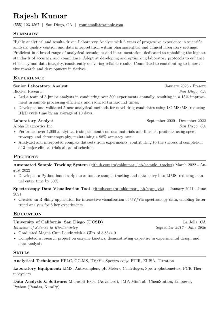 Laboratory Analyst Resume Example CV template preview
