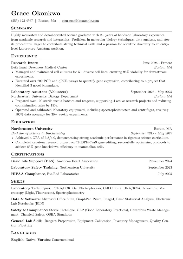 Laboratory Assistant No Experience Resume Example preview