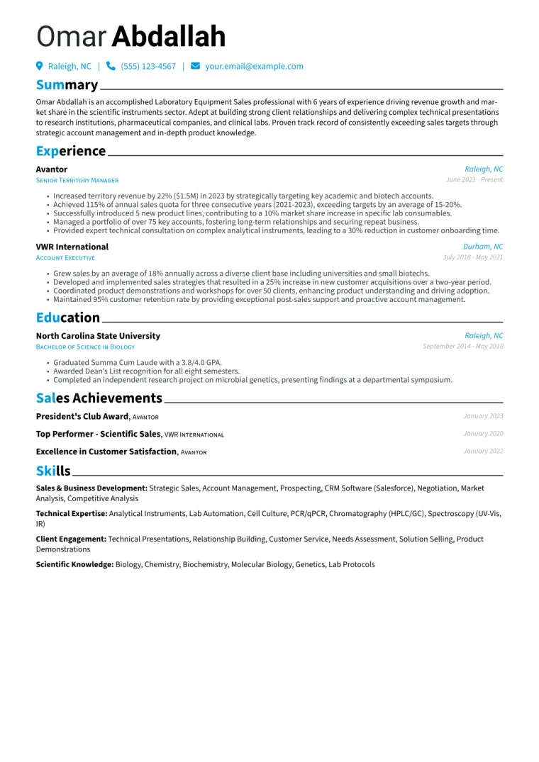 Laboratory Equipment Sales Resume Example CV template preview