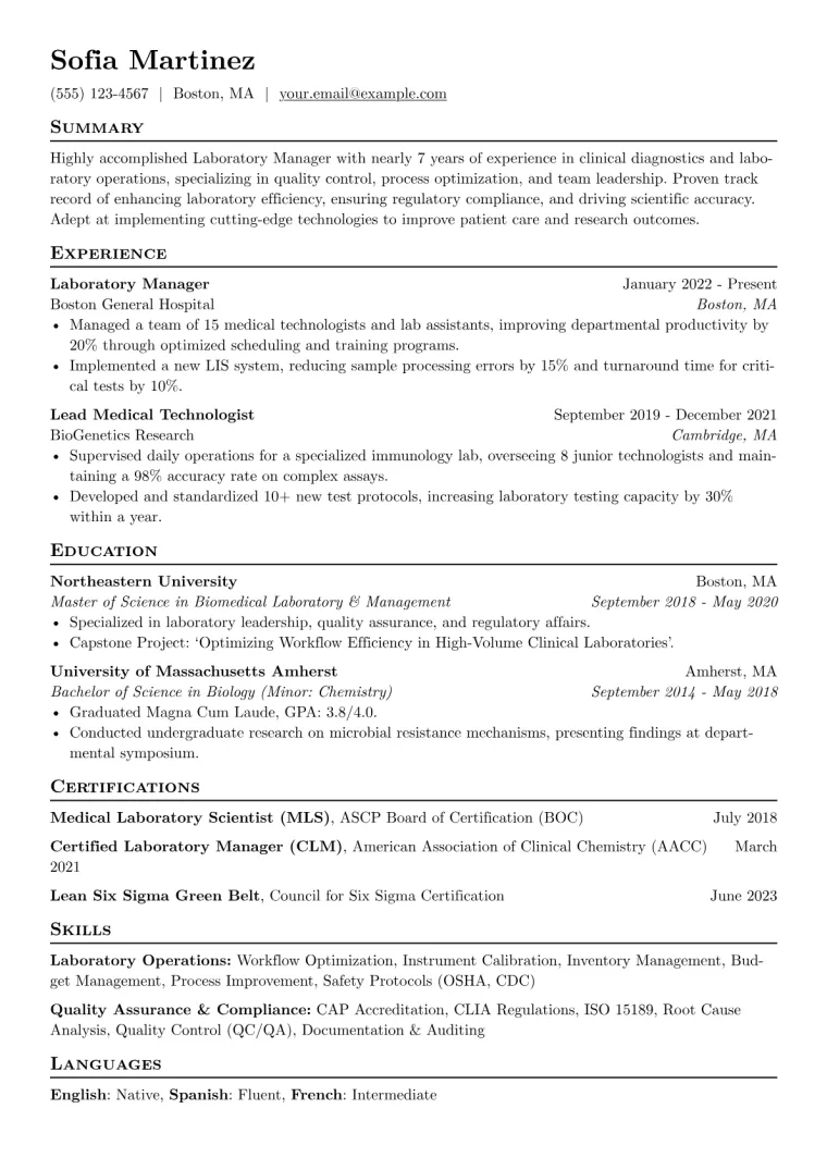 Laboratory Manager Resume Example CV template preview