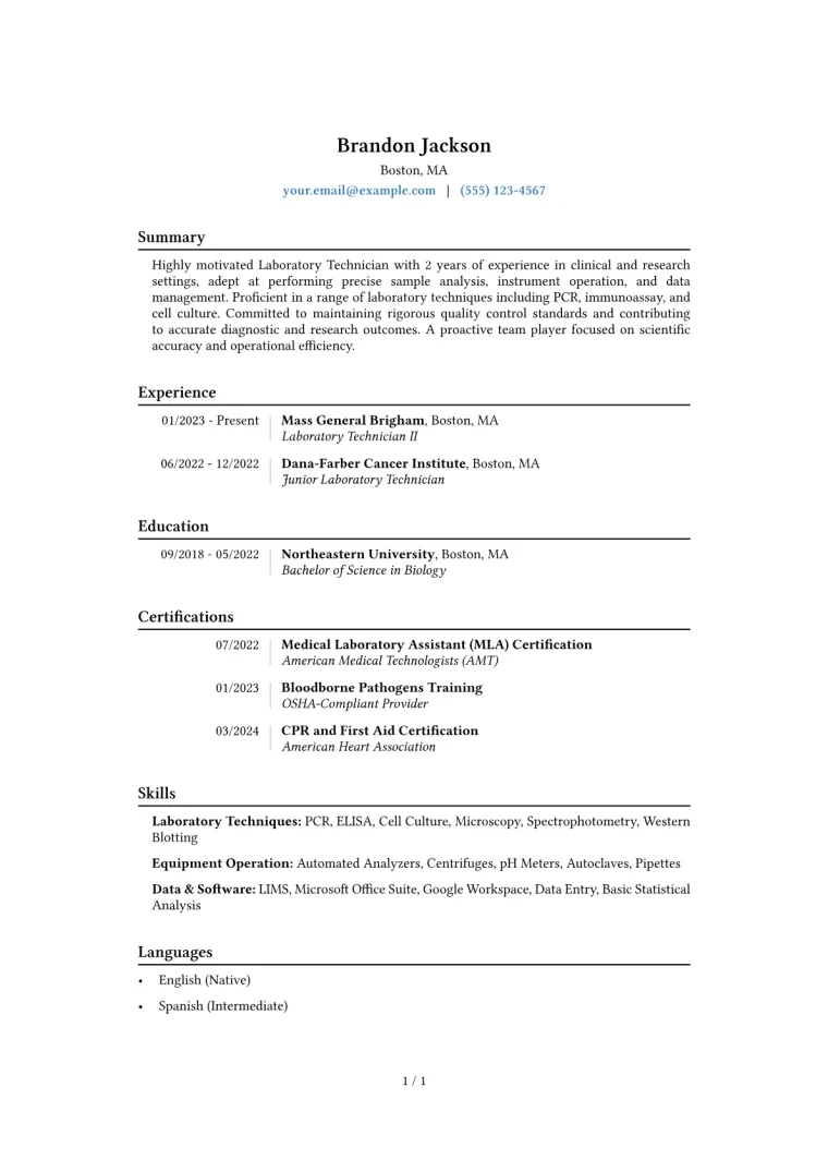 Laboratory Technician Resume Example CV template preview
