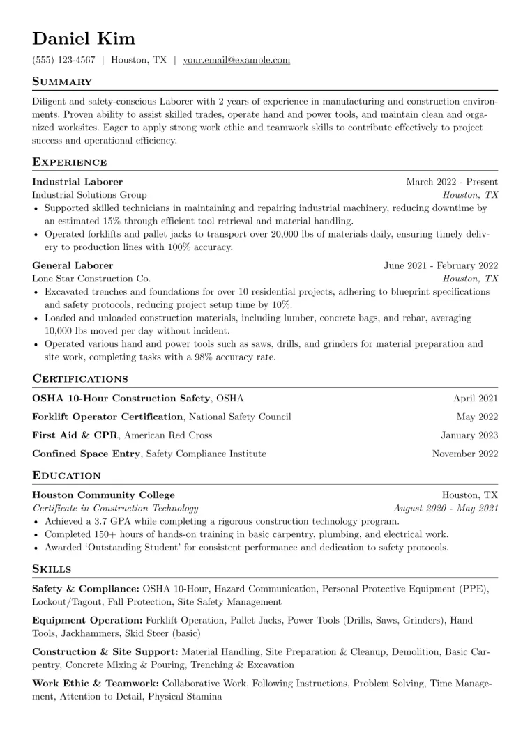 Laborer Resume Example CV template preview