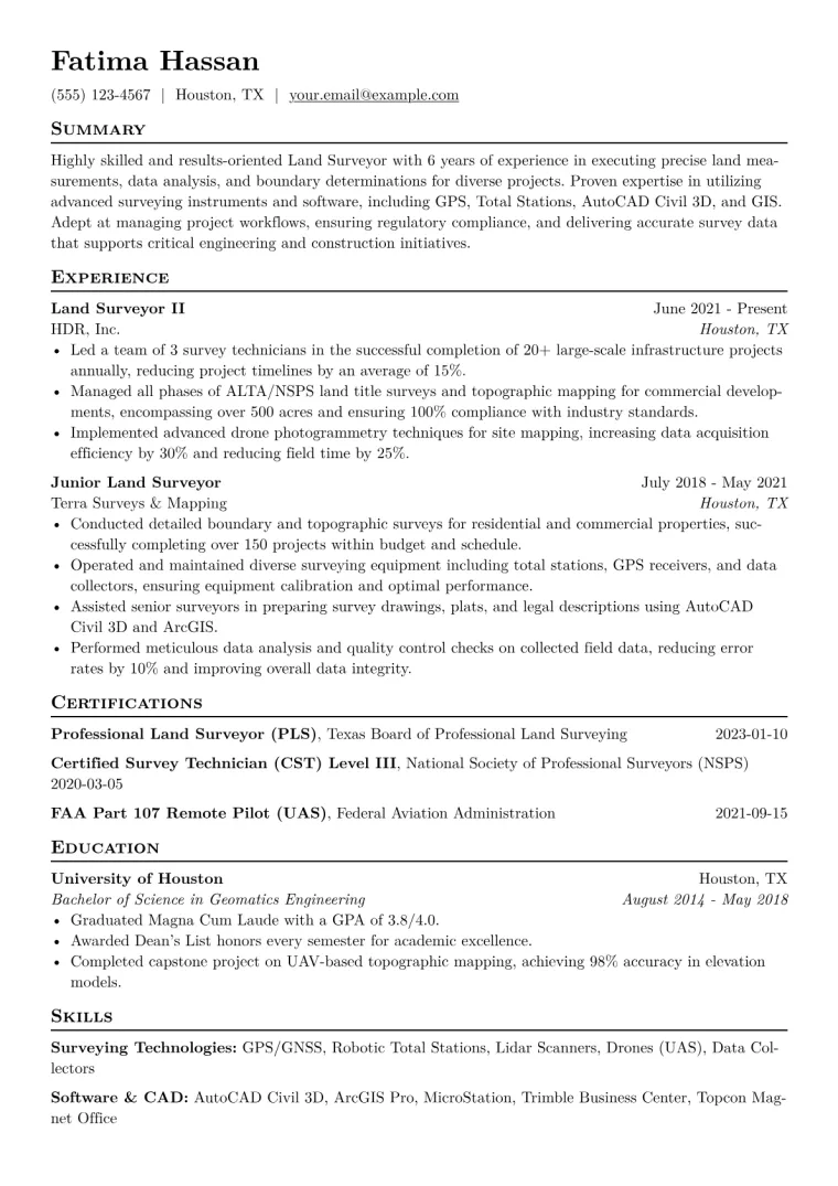 Land Surveyor Resume Example CV template preview