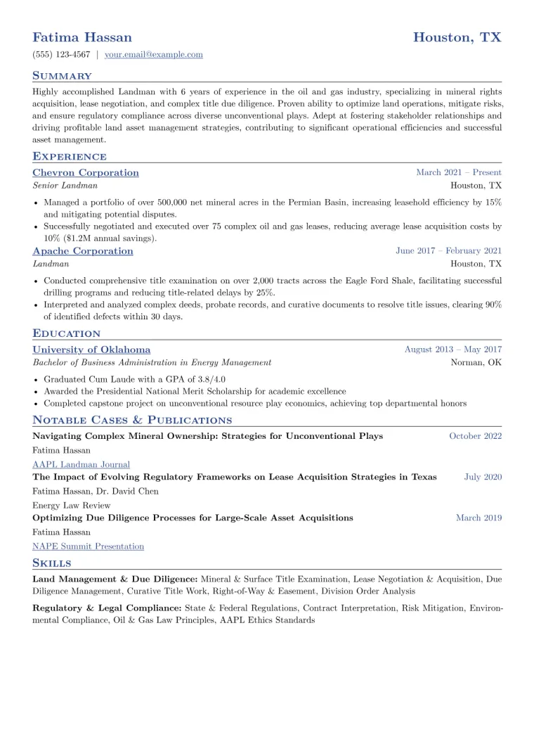 Landman Resume Example CV template preview
