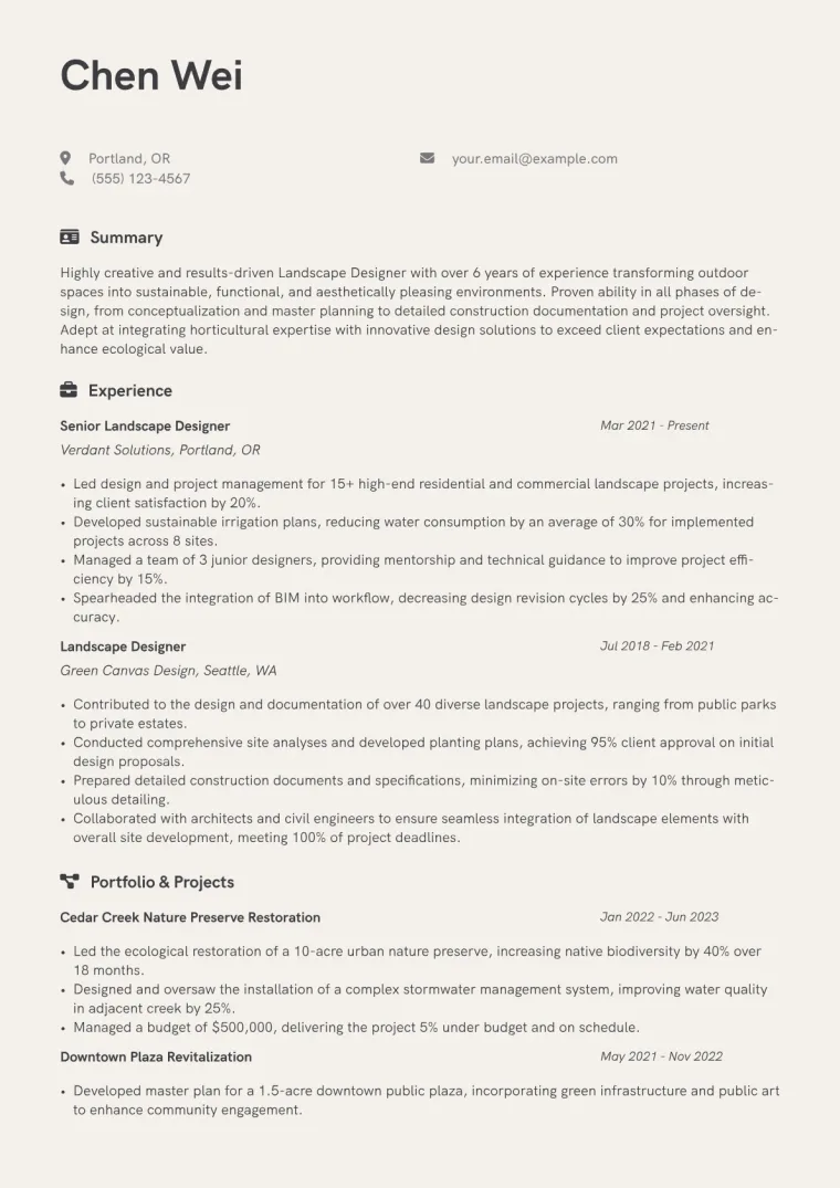 Landscape Designer Resume Example CV template preview