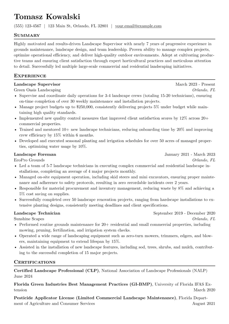 Landscape Supervisor Resume Example CV template preview
