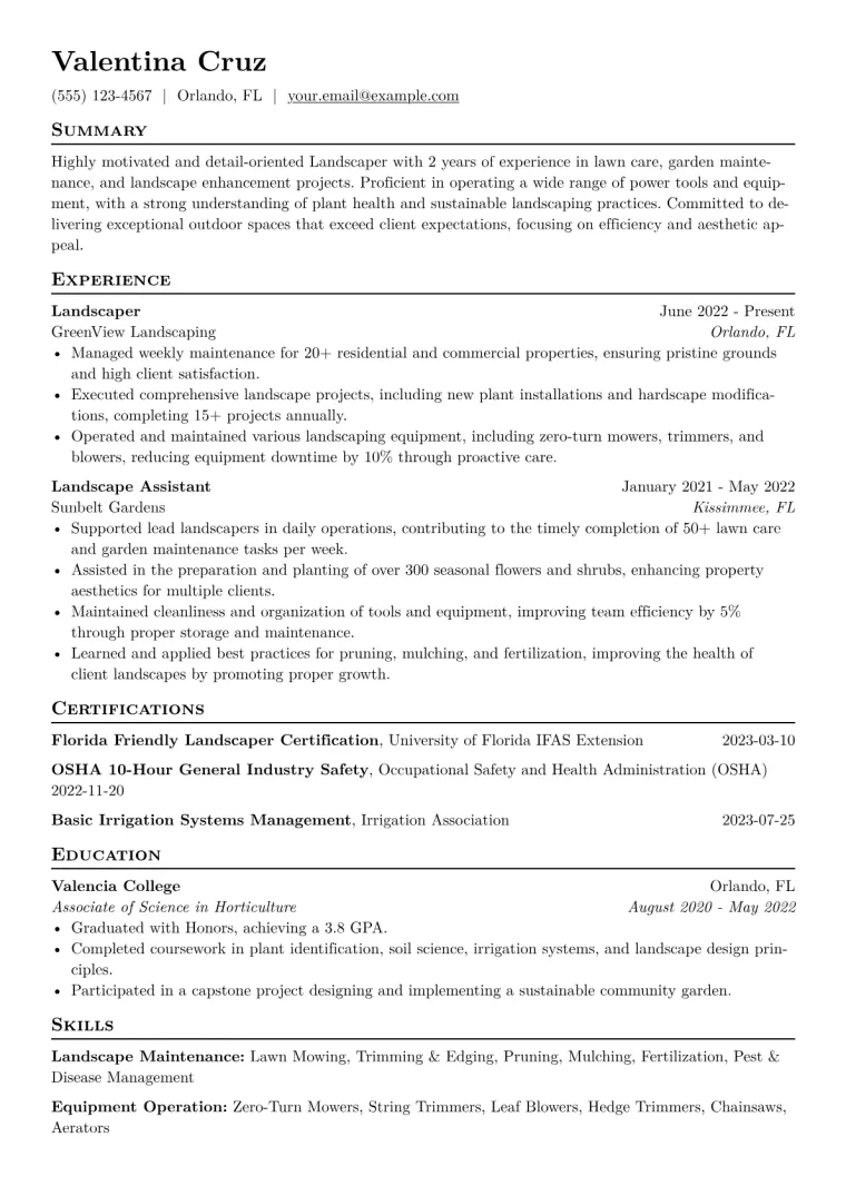Landscaper Resume Example CV template preview