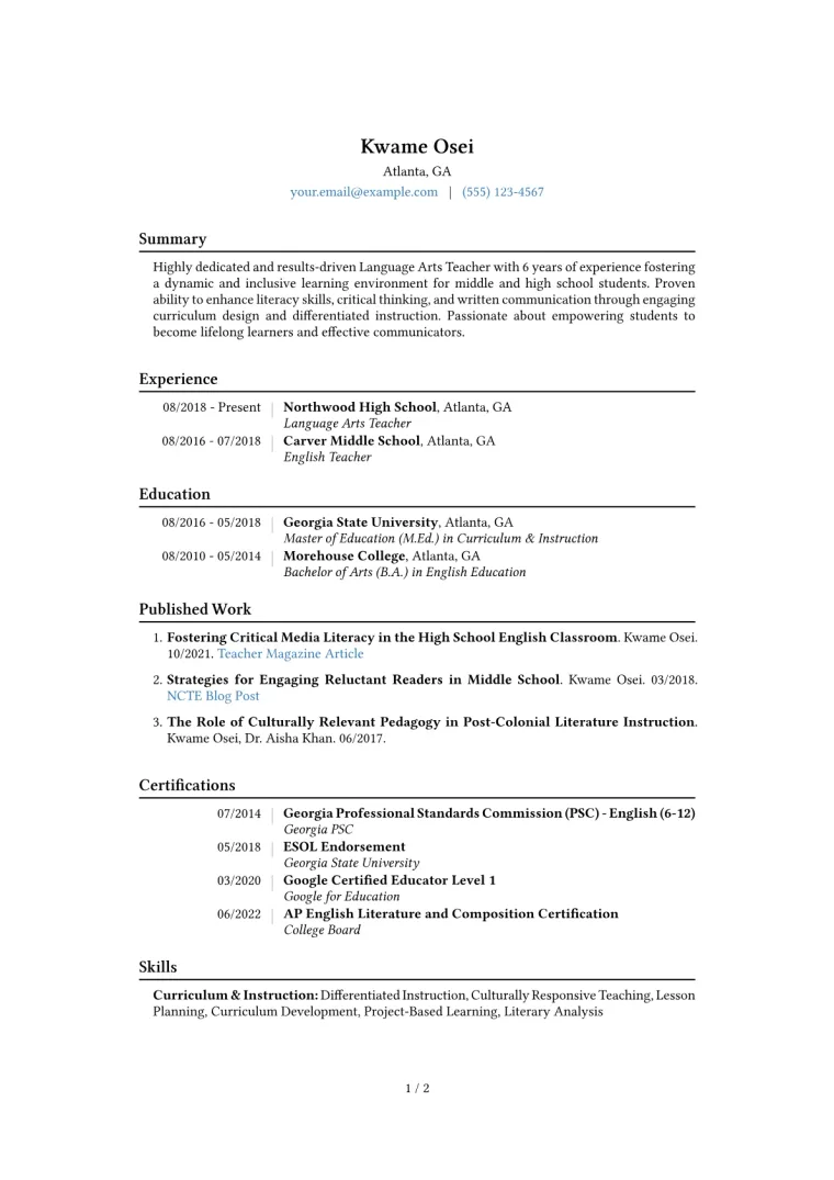 Language Arts Teacher Resume Example CV template preview