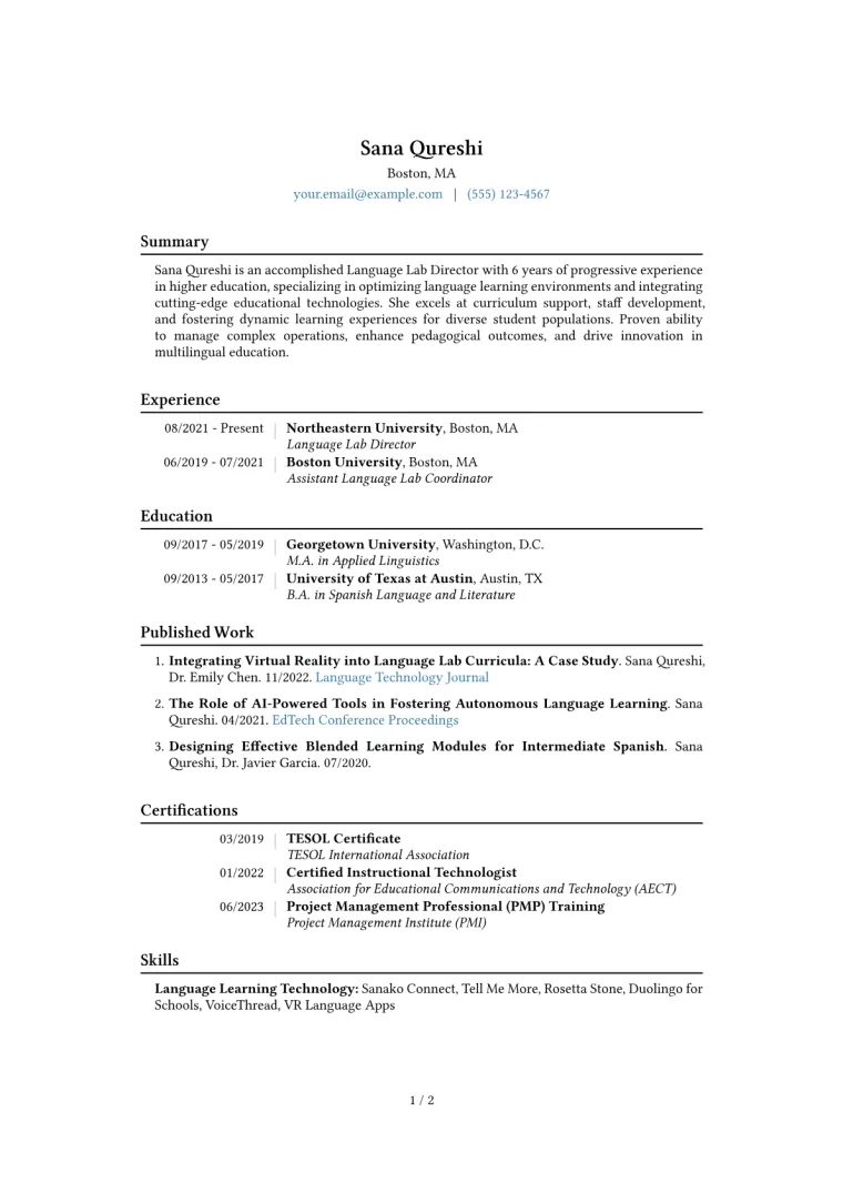Language Lab Director Resume Example CV template preview