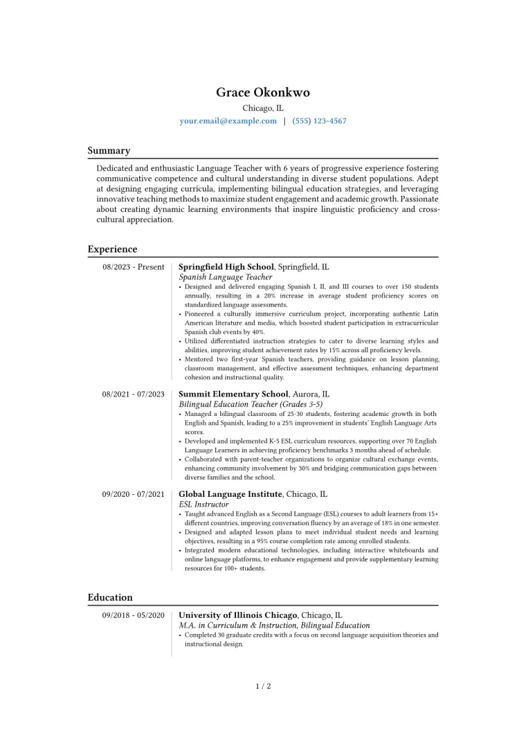 Language Teacher Resume Example preview