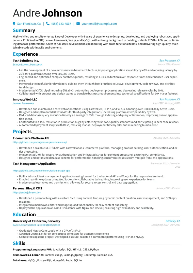 Laravel Developer Resume Example CV template preview
