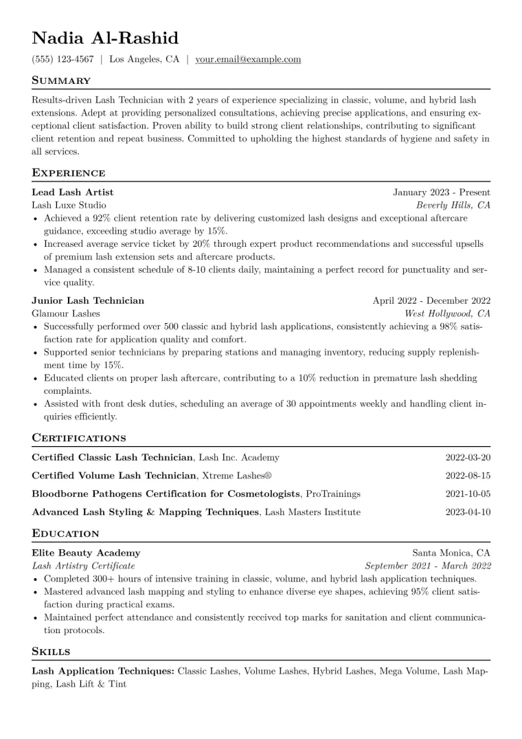 Lash Technician Resume Example CV template preview