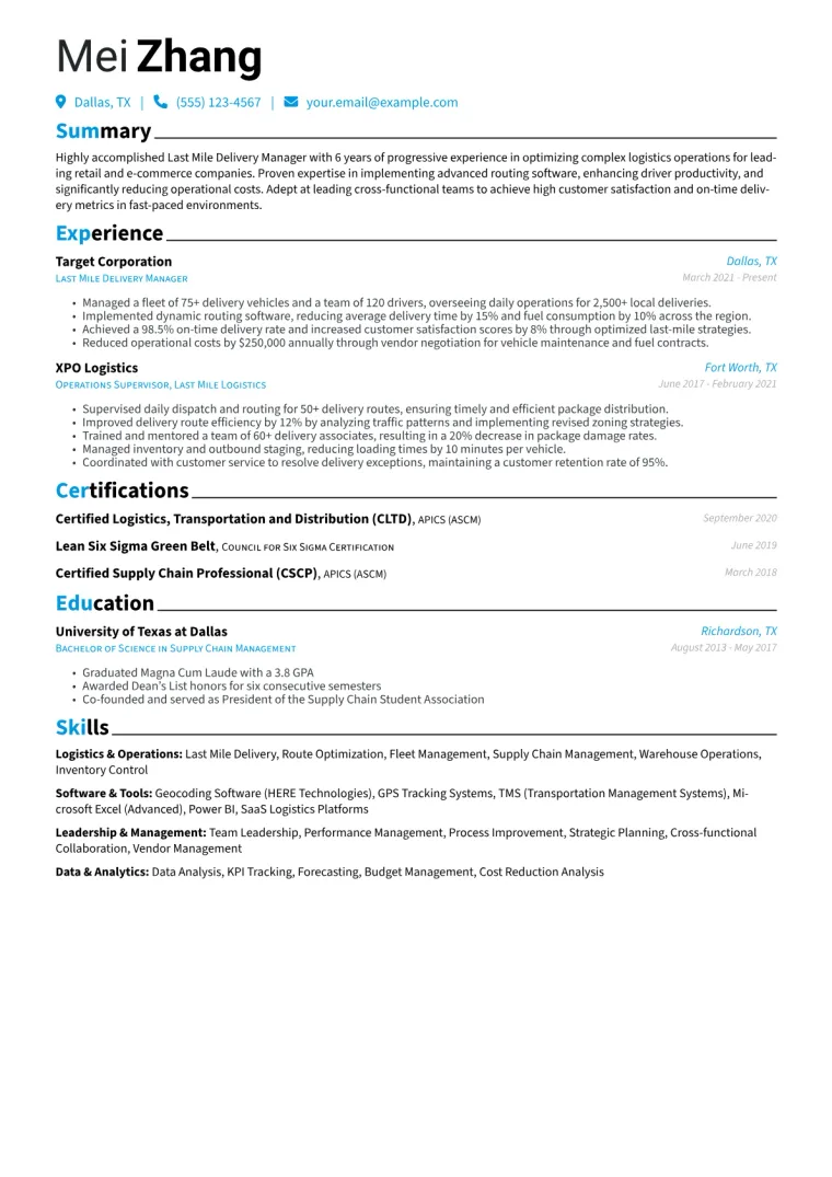 Last Mile Delivery Manager Resume Example CV template preview