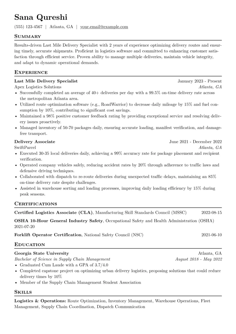 Last Mile Delivery Specialist Resume Example CV template preview