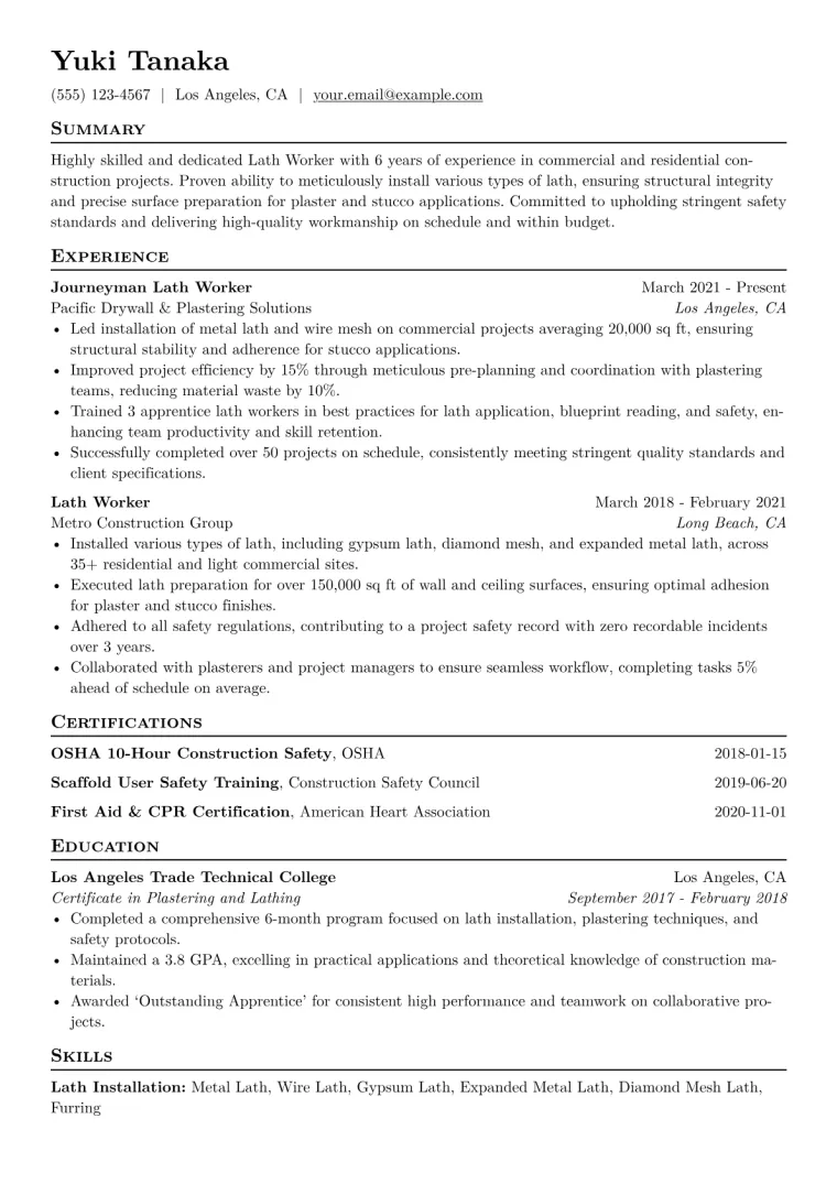 Lath Worker Resume Example CV template preview