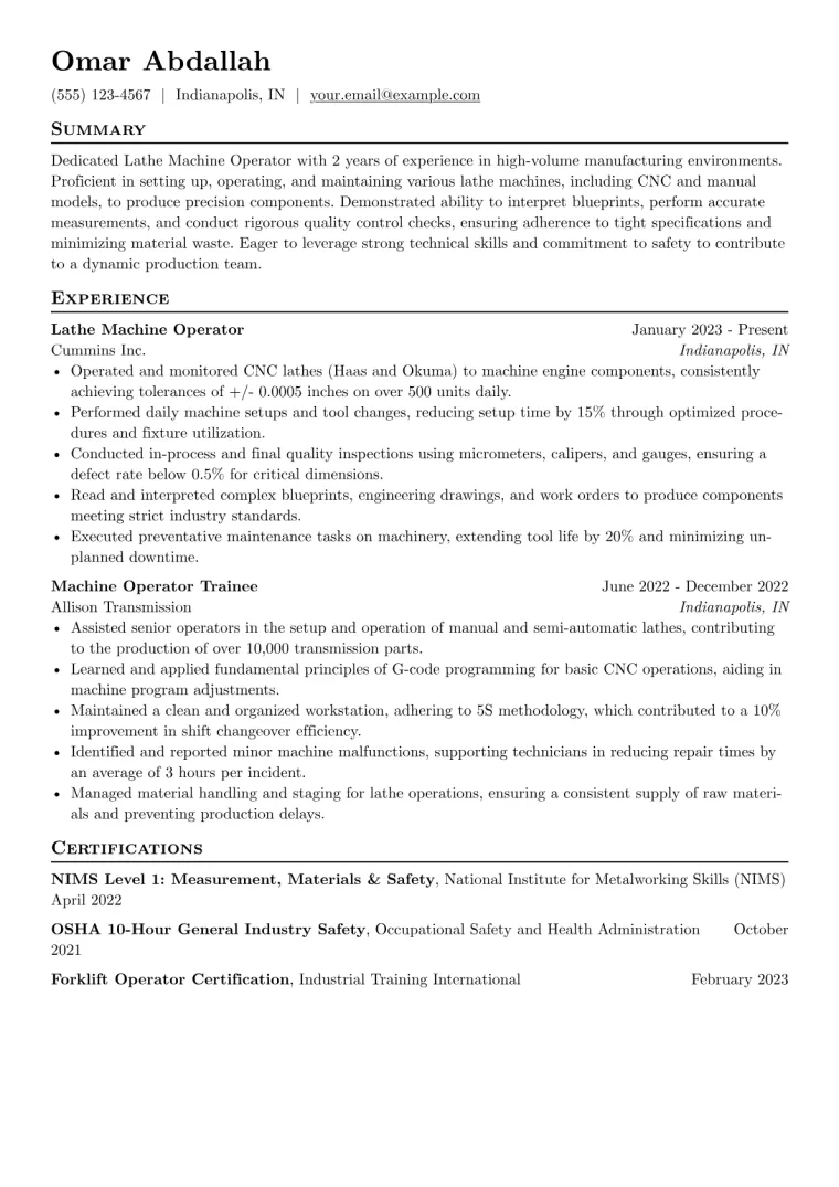 Lathe Machine Operator Resume Example CV template preview