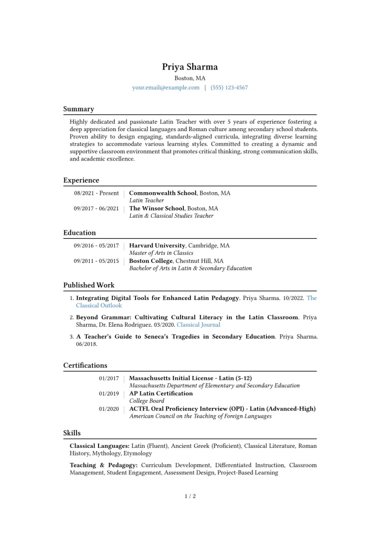 Latin Teacher Resume Example CV template preview