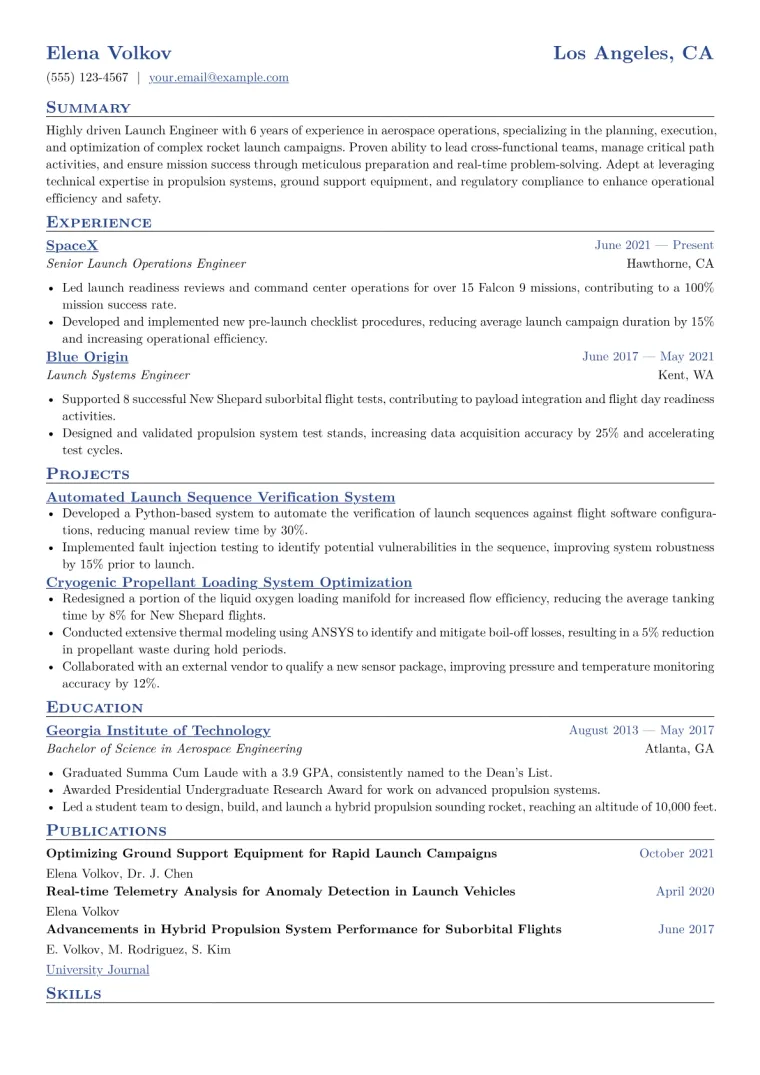 Launch Engineer Resume Example CV template preview
