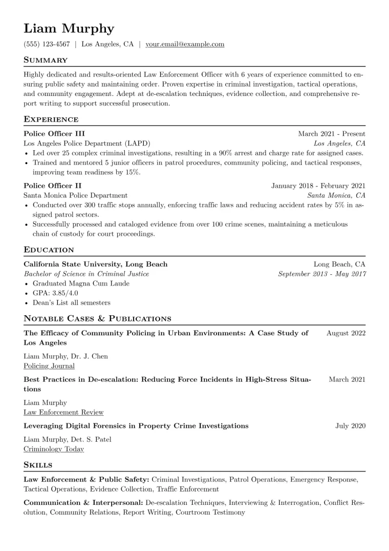 Law Enforcement Officer Resume Example CV template preview