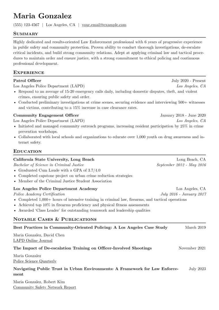 Law Enforcement Resume Example CV template preview