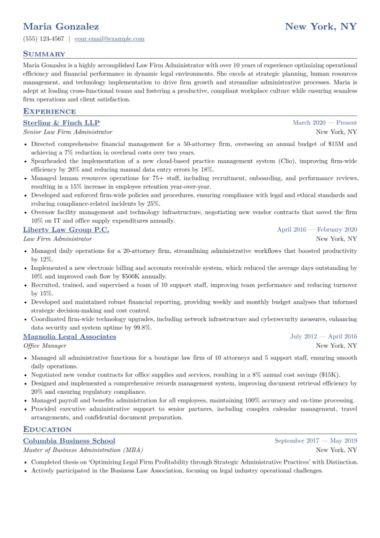 Law Firm Administrator Resume Example CV template preview