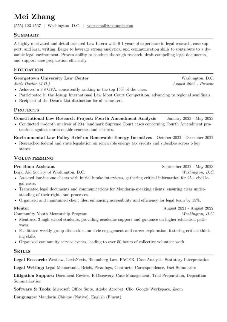 Law Intern Resume Example CV template preview