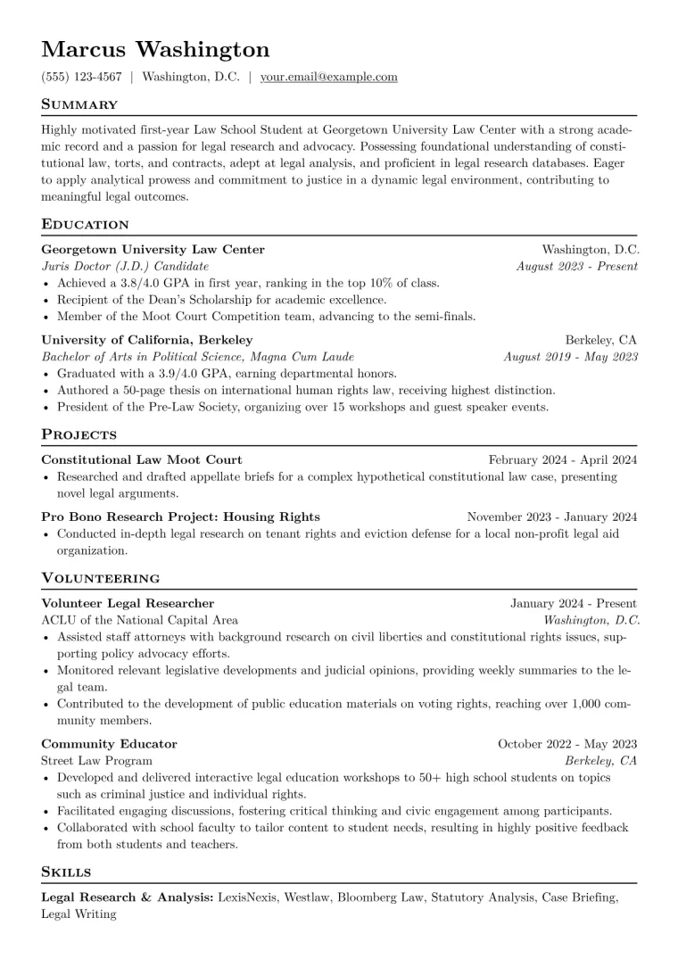 Law School Student Resume Example CV template preview