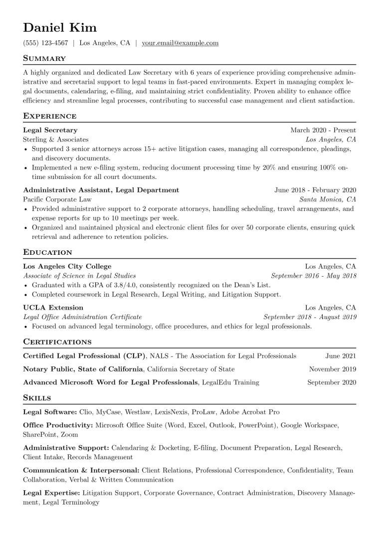 Law Secretary Resume Example CV template preview