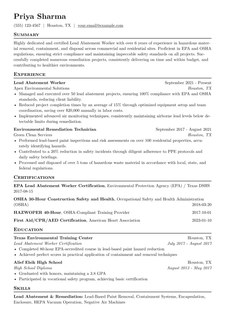 Lead Abatement Worker Resume Example CV template preview