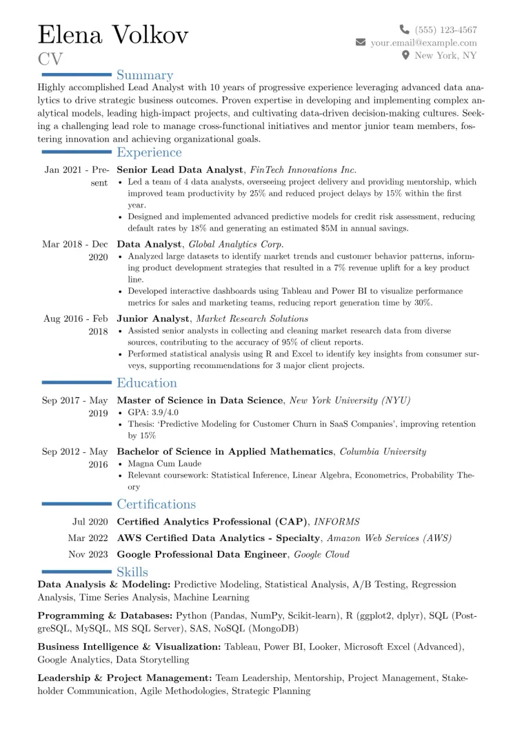 Lead Analyst Resume Example CV template preview