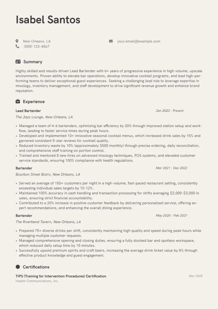 Lead Bartender Resume Example preview